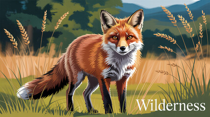 Wall Mural - Red fox in grassland wildlife illustration with space for text