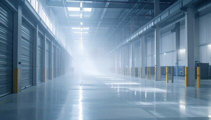 Poster - Automated Storage Facility with Industrial Lighting in Misty Atmosphere