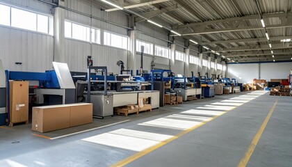 Poster - Compact Furniture Warehouse with Machines Under Harsh Midday Sun