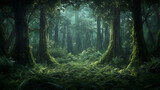 a lush dark, very dark thick coniferous forest with several tall, moss-covered trees, no light, and dense fern undergrowth , atmospheric depth, photorealistic, nature documentary style,