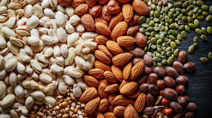 Poster - A close-up view showcases a vibrant assortment of nuts and seeds, including pistachios, almonds, pumpkin seeds, and hazelnuts, arranged in neat rows against a dark background. : Generative AI
