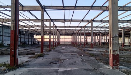 Poster - Abandoned Warehouse Interior with Empty Space at Dawn Light