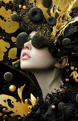 Aufkleber - Elegant woman portrait adorned with surreal black and gold abstract art, featuring organic shapes, metallic textures, and a splash of glitter. : Generative AI