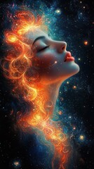 Poster - A serene woman's face merges with cosmic swirls of fiery orange and deep blue, creating a mesmerizing celestial portrait. : Generative AI