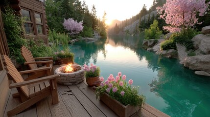 Poster - Serene lakeside cabin with fire pit at sunset, surrounded by blooming cherry trees and lush greenery. Wooden deck with comfortable chairs and flower pots. : Generative AI