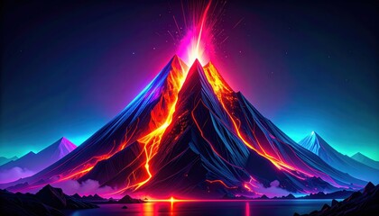 Poster - Futuristic Neon Art of Erupting Volcano with Glowing Lava and Sky