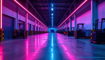 Poster - Dimly Lit Dock Facility with Neon Accents and Pallet Jacks