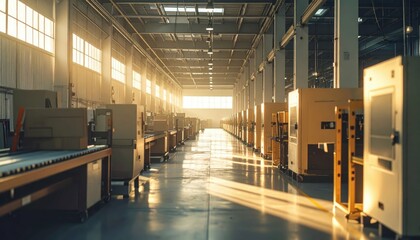 Poster - Dimly Lit Packaging Machines in Morning Light at Fulfillment Center