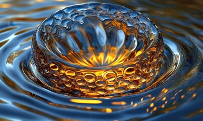 Poster - Golden water droplet impact, ripples, abstract art, nature, background