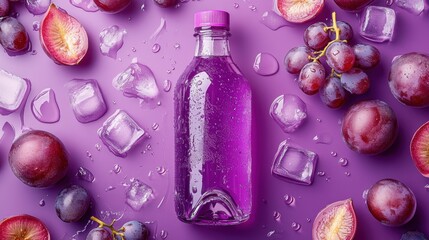 Poster - Purple grape juice bottle surrounded by ice cubes and fresh grapes on a vibrant purple background. Refreshing summer beverage concept. : Generative AI