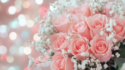 Poster - A bouquet of pink roses and baby's breath in a decorative vase, perfect for romantic occasions or as a centerpiece