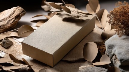 Fototapete - Elegant beige cardboard box mockup on a sandy surface, adorned with dried eucalyptus leaves and stones, creating a minimalist and sophisticated aesthetic. : Generative AI