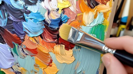 Poster - Close-up view of an artist's palette knife applying vibrant oil paints, showcasing rich textures and colors in a dynamic impasto style. : Generative AI