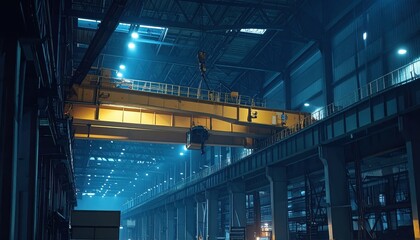 Poster - Dimly Lit Warehouse Mezzanine with Overhead Cranes and Ambient Lighting