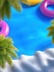Poster - Summer vacation scene: vibrant inflatable rings float in a turquoise pool, bordered by fluffy white sand and lush palm fronds. : Generative AI