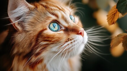 Poster - Close-up portrait of a ginger cat with striking green eyes, gazing upward, autumn leaves softly blurred in the background. : Generative AI