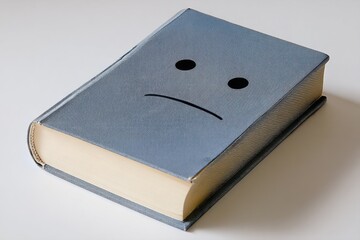 Poster - A gray hardcover book rests on a white surface, its cover subtly adorned with a simple, hand-drawn sad face, conveying a sense of melancholy or boredom. : Generative AI