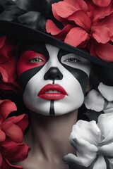 Poster - Close-up portrait of a woman with dramatic black, white, and red face paint, adorned with large red and white flowers, wearing a wide-brimmed black hat. : Generative AI