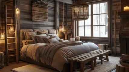 Poster - Cozy bedroom featuring a bed and a bench, ideal for use as a background or prop in lifestyle photography