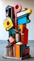 Aufkleber - A vibrant, multicolored wooden sculpture, composed of stacked and juxtaposed geometric shapes and reclaimed wood elements, creating a dynamic, abstract composition. : Generative AI
