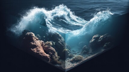 Aufkleber - Ocean wave crashing over vibrant coral reef underwater scene, showing a contrasting view of the ocean's surface and depths. : Generative AI