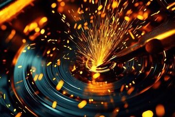 Aufkleber - Close-up view of sparks erupting during metal grinding, showcasing intense orange and yellow hues against a dark, circular metallic surface. The image evokes energy and precision. : Generative AI