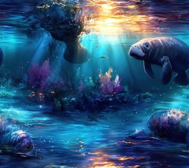 Aufkleber - A mesmerizing underwater scene featuring two manatees gracefully swimming amidst vibrant coral reefs and sunlit ocean depths, creating a tranquil and magical atmosphere. : Generative AI