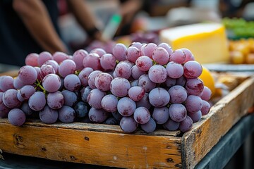 Poster - A cluster of ripe, dark-red grapes sits nestled in a rustic wooden crate at a farmer's market, showcasing their juicy texture and vibrant color. : Generative AI