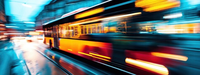 Poster - A fast-moving city bus streaks through a vibrant, nighttime cityscape, its lights blurring into streaks of orange and blue, showcasing the energy of urban transportation. : Generative AI