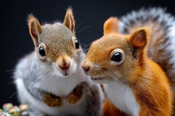 Poster - Two adorable squirrels, a grey and a red, pose closely together against a dark background, their expressive eyes and fluffy tails creating a charming wildlife scene. : Generative AI