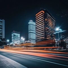 Poster - Night cityscape showcasing illuminated skyscrapers and dynamic light trails from speeding vehicles on a city street, creating a vibrant urban scene. : Generative AI