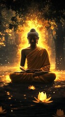 Aufkleber - Serene Buddha statue meditating under a tree, bathed in warm golden light, surrounded by glowing lotuses, peaceful spiritual scene. : Generative AI