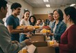 © Ozz - Diverse volunteers joyfully prepare food packages together to donate at a community event.