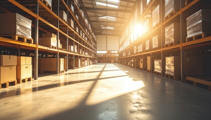 Poster - Functional Furniture Warehouse with Shelving Units in Soft Morning Light