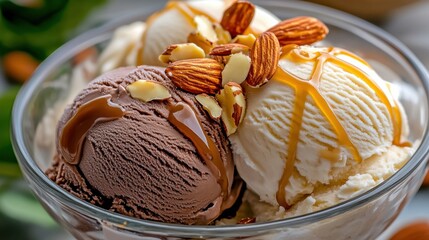 Aufkleber - Close-up of a delicious dessert: two scoops of ice cream, chocolate and vanilla, topped with caramel sauce and chopped almonds in a glass bowl. : Generative AI