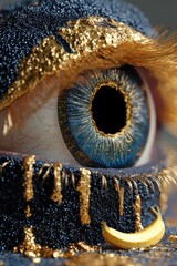 Poster - Close-up of a stylized eye adorned with gold and blue glitter, featuring a banana in the foreground. The eye's texture is highly detailed, creating a surreal and luxurious aesthetic. : Generative AI