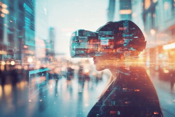 Poster - Woman wearing VR headset, futuristic cityscape double exposure, digital overlay, technology, innovation, metaverse concept.  A blend of reality and virtual worlds. : Generative AI