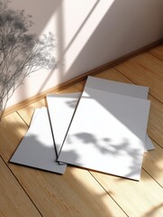 Leinwandbilder - Blank white papers stacked on light wood floor, sunlight casts shadows from a tree branch drawing on wall, minimalist mockup scene. : Generative AI