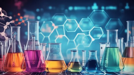 Poster - A row of laboratory flasks filled with colorful liquids sits on a grid, against a backdrop of a glowing hexagonal molecular structure. : Generative AI
