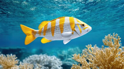 Aufkleber - Striped yellow and white fish swims in vibrant blue ocean water, near pale yellow coral reef. Underwater scene. : Generative AI