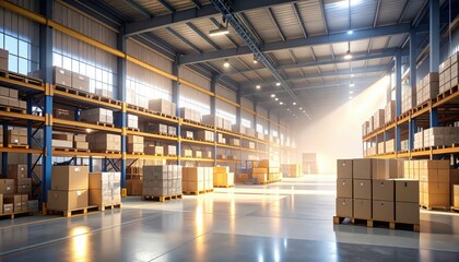 Poster - Expansive Packing Facility with Giant Shelving and Dust Particles