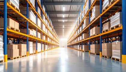 Poster - Vast Warehouse with Pallet Racking Surrounded by Dusty Atmosphere