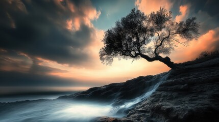 Poster - Silhouette of a windswept tree on a rocky coast at sunset, with a small waterfall cascading down the cliff into the ocean. Dramatic sky with orange and grey clouds. : Generative AI