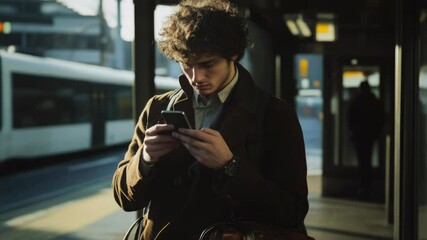 Aufkleber - A person standing on a train platform, focused on their mobile device