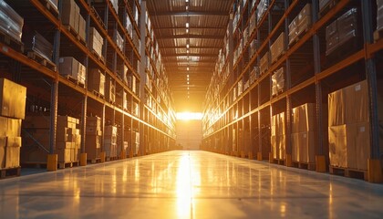 Poster - Golden Hour Light Illuminates Giant Shelving Units in Warehouse