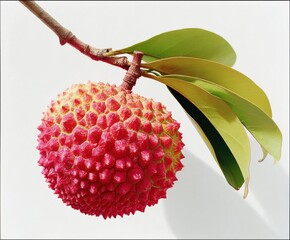 Poster - A single ripe lychee fruit hangs from its branch, showcasing its textured red skin and vibrant green leaves against a bright white background. : Generative AI