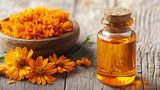 essential oil with dried calendula petal in wooden bowl