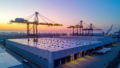 Poster - High Tech Distribution Center with Overhead Cranes at Dawn