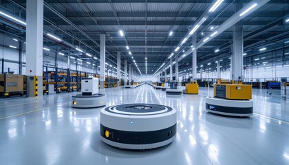 Poster - Robotic Pickers in High-Tech Furniture Warehouse Under Fluorescent Lights