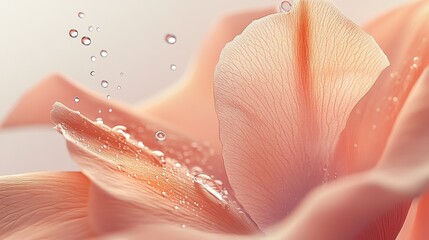 Poster - Close-up of delicate peach-colored flower petals with water droplets, showcasing intricate texture and soft lighting.  A serene and elegant image perfect for beauty or spa themes. : Generative AI